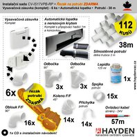 Instalační komplet centrálního vysávání - zásuvka (6 ks), podlahová štěrbina s nerezovým krytem(1 ks), řezák potrubí(1 ks), potrubí (38 m), potrubní díly (112 dílů). Určeno pro centrální vysavače a centrální vysávání.